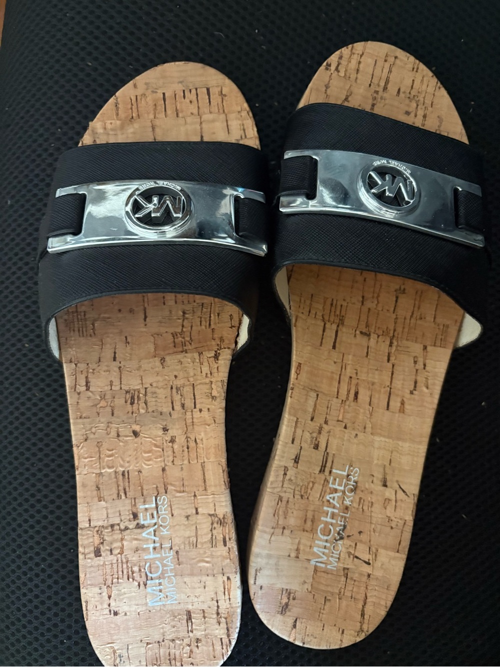 Michael Kors Black Slide Sandals with Silver Logo Accent